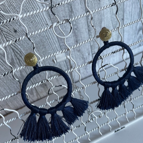 Navy Blue Fringe Wrapped Drop Earrings with Gold Post - Picture 1 of 5